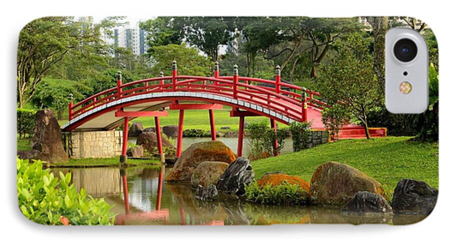 Bridge iPhone 8 Case featuring the photograph Curved red Japanese bridge and stream Chinese Gardens Singapore by Imran Ahmed