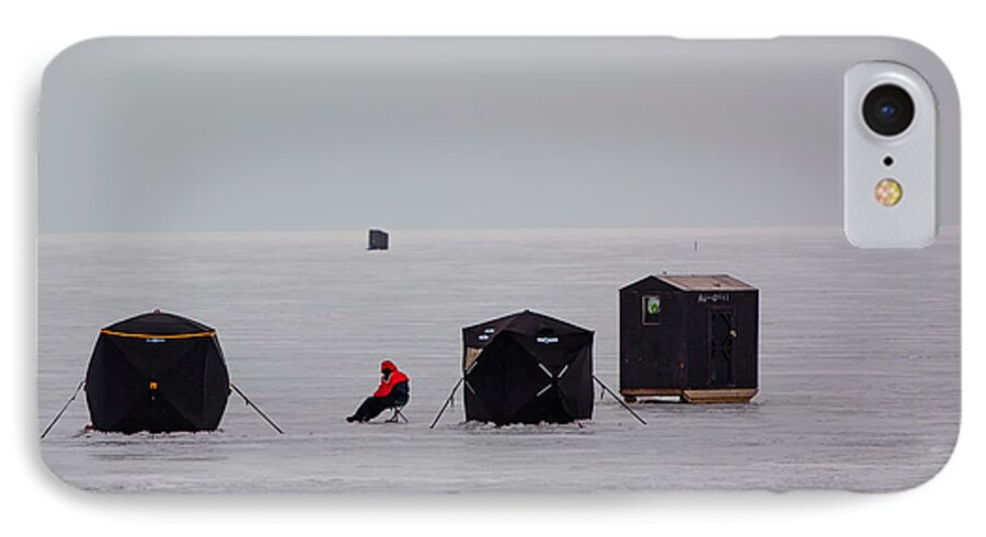  Outdoors Fishing Lake Icy Ice Cold Winter Glac Hobby Snow Sport Fish Man Leisure Activity Hole Fisherman River Rod Recreation People Season Water Nature Waiting Catch Background Auger Fun Recreational Fishing On Icy Lake Brave Elements Hut Cover Bravingjames Canning Fine Art iPhone 8 Case featuring the photograph Fishing on Icy Lake by James Canning