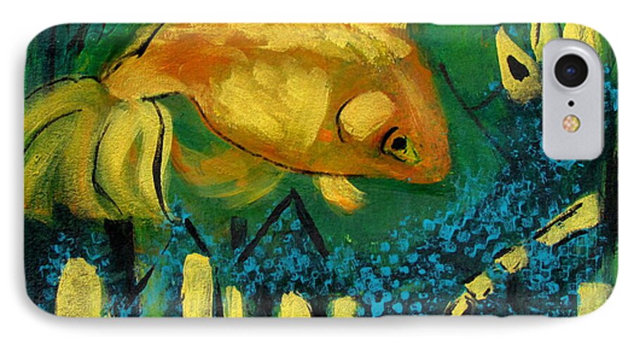 Experimental Water Media iPhone 8 Case featuring the painting Goldfish Set to Go Rogue by Betty Pieper