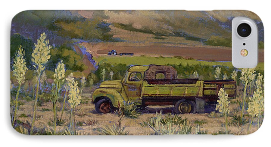 Green Truck iPhone 8 Case featuring the painting Green Truck- Blooming Yuccas by Jane Thorpe