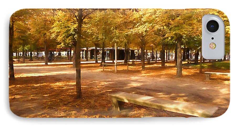 Tuileries Garden iPhone 8 Case featuring the digital art Impressions of Paris - Tuileries Garden - Come Sit a Spell by Georgia Mizuleva