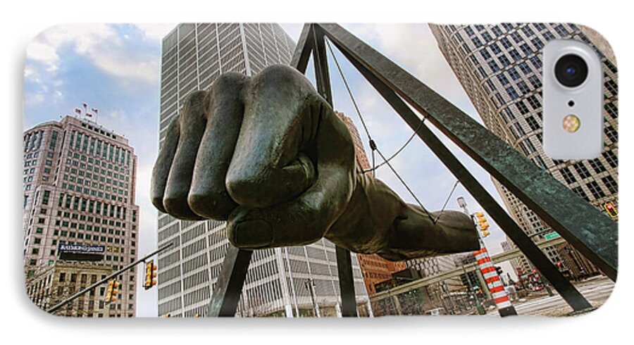 Joe iPhone 8 Case featuring the photograph In Your Face - Joe Louis Fist Statue - Detroit Michigan by Gordon Dean II