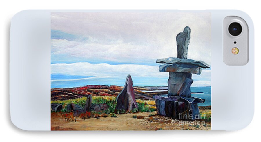 Stone Landmark iPhone 8 Case featuring the painting Inukshuk by Marilyn McNish