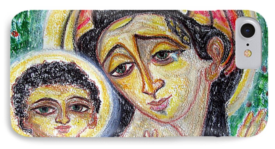 Kiko Arguello Design iPhone 8 Case featuring the painting Mary and Jesus of green eyes by Sarah Hornsby