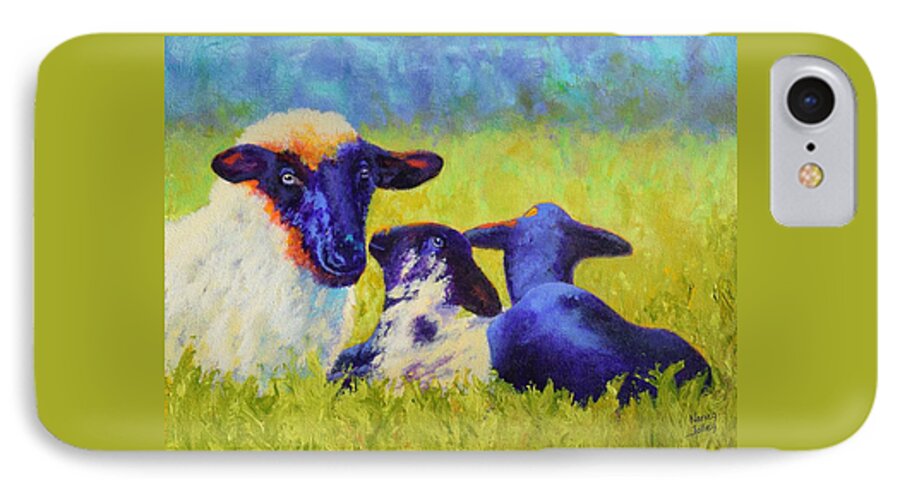 Sheep iPhone 8 Case featuring the painting Mom and the Kids by Nancy Jolley