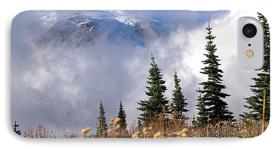 Mt Rainier iPhone 8 Case featuring the painting Mt Rainier Cloud Meadow by Scott Nelson