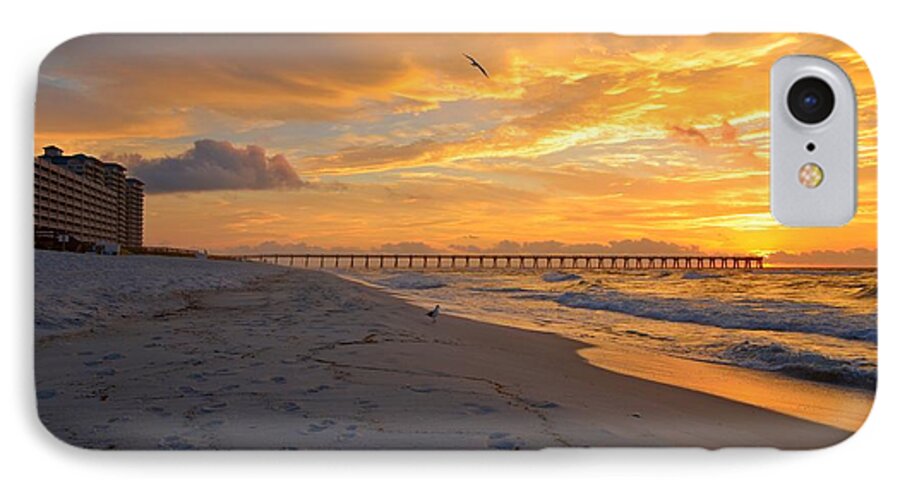 Navarre Pier iPhone 8 Case featuring the photograph Navarre Pier and Navarre Beach Skyline at Sunrise with Gulls by Jeff at JSJ Photography