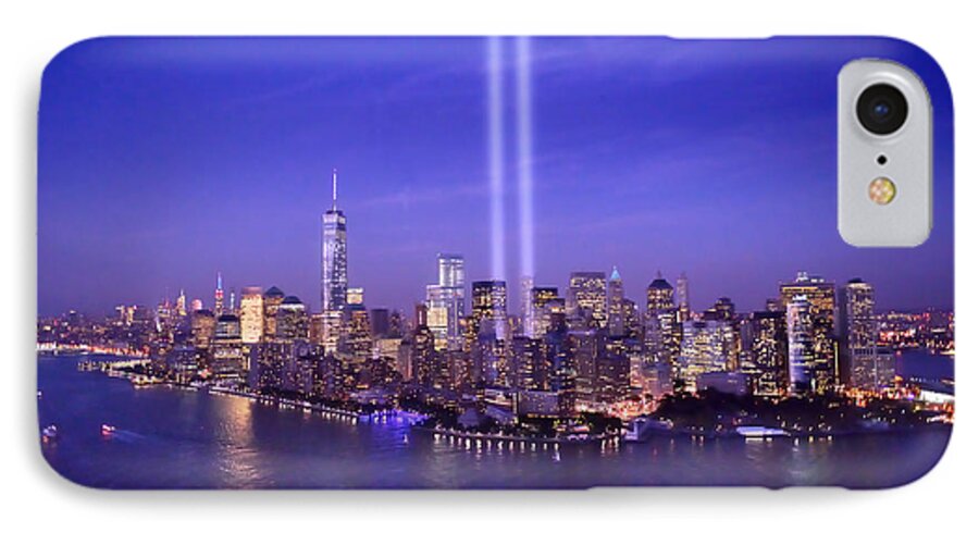 New York City Skyline Night iPhone 8 Case featuring the photograph New York City Tribute in Lights World Trade Center WTC Manhattan NYC by Jon Holiday