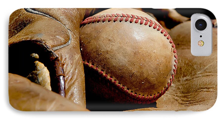 Sports iPhone 8 Case featuring the photograph Old Baseball Ball and Gloves by Art Block Collections