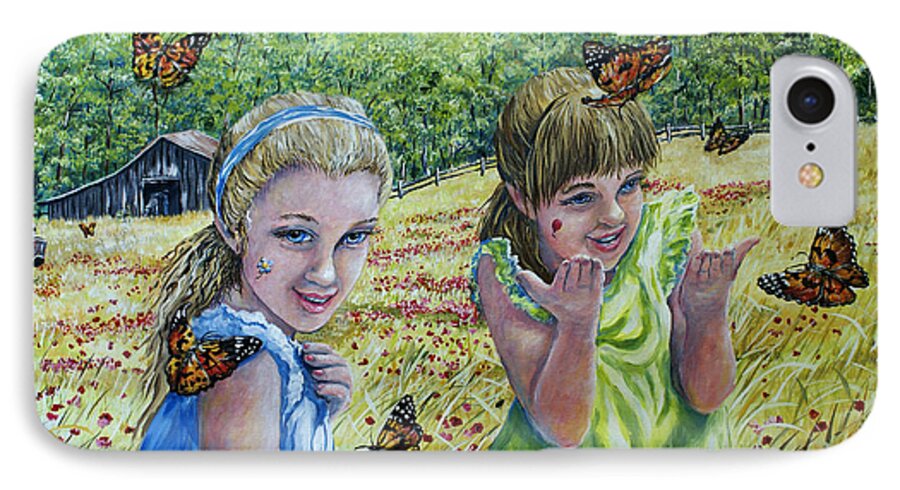 Children Farm Landscape Portrait Butterflies Childhood Girl Dance Green Blue Yellow Children iPhone 8 Case featuring the painting Painted Ladies by Gail Butler