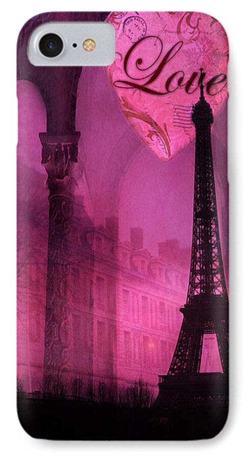Paris iPhone 8 Case featuring the digital art Paris Romantic Pink Fantasy Love Heart - Paris Eiffel Tower Valentine Love Heart Print Home Decor by Kathy Fornal