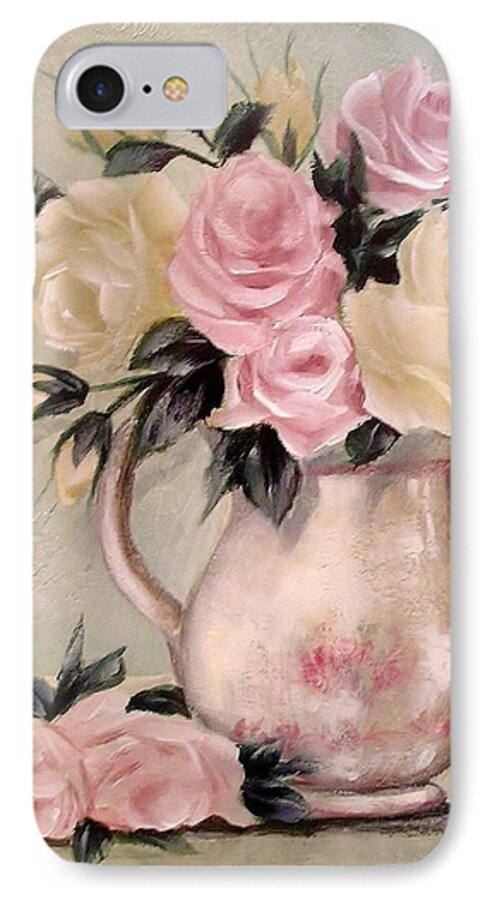 Vintage iPhone 8 Case featuring the painting Pink And Yellow Roses In Teapot Painting by Chris Hobel