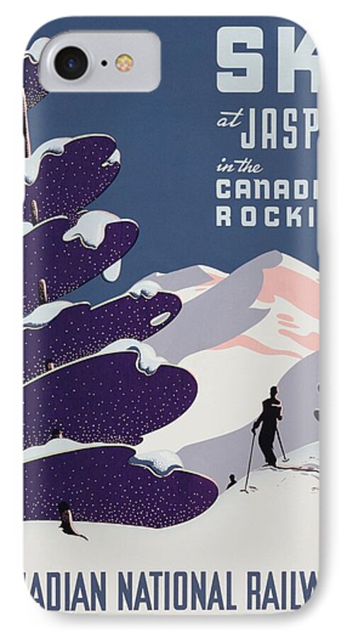 Winter Sports; Mountain; Mountainside; Skier; Skiing; Snow; Rockies; Canada; National Railways; Tourism; Vacation; Holiday; Travel; Travelling; Advert; Advertisement; Sign; Publicity; Location; Destination; Typography; Design; Vintage Poster; Jet-set; Sport; Fitness; Jet Set iPhone 8 Case featuring the painting Poster advertising the Canadian Ski Resort Jasper by Canadian School