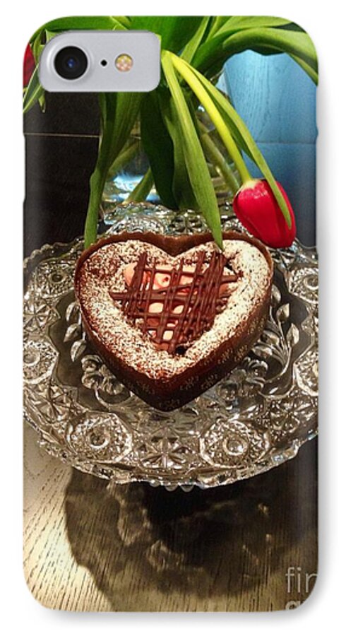  Red Tulip And Chocolate Heart iPhone 8 Case featuring the photograph Red Tulip And Chocolate Heart Dessert by Susan Garren