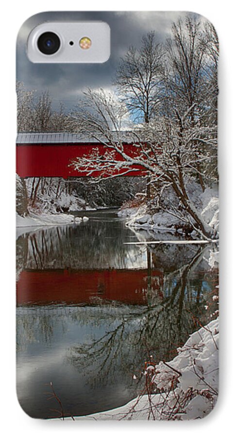 Northfield Fall Covered Bridge iPhone 8 Case featuring the photograph Reflection of Slaughterhouse covered bridge by Jeff Folger