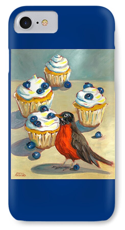 Songbird iPhone 8 Case featuring the painting Robin with Blueberry Cupcakes by Susan Thomas