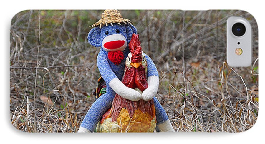 Sock Monkey iPhone 8 Case featuring the photograph Rooster Rider by Al Powell Photography USA