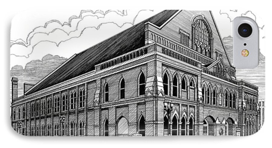 Architecture iPhone 8 Case featuring the drawing Ryman Auditorium in Nashville TN by Janet King