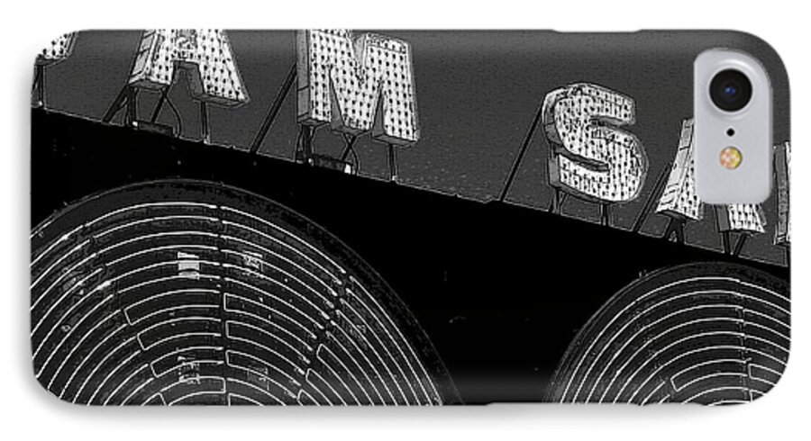 Black And White iPhone 8 Case featuring the photograph Sam the Record Man at night by Nina Silver