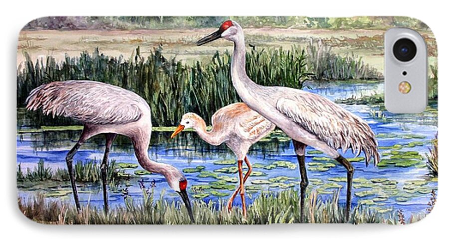 Sandhill Cranes iPhone 8 Case featuring the painting Sandhills by the Pond by Roxanne Tobaison