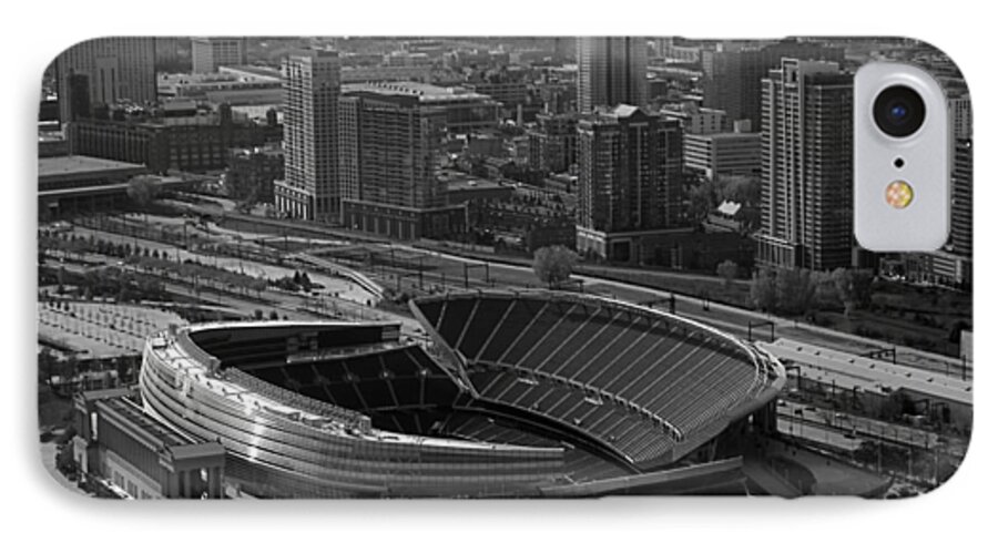 Chicago iPhone 8 Case featuring the photograph Soldier Field Chicago Sports 05 Black and White by Thomas Woolworth
