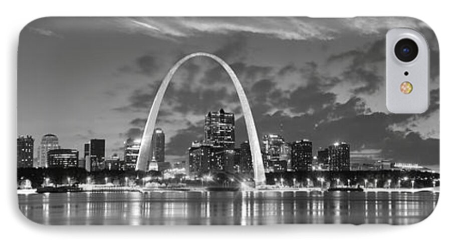 St. Louis Skyline iPhone 8 Case featuring the photograph St. Louis Skyline at Dusk Gateway Arch Black and White BW Panorama Missouri by Jon Holiday