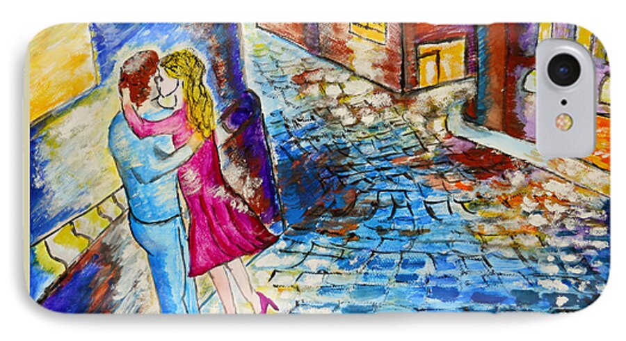 Kiss iPhone 8 Case featuring the painting Street Kiss by Night by Ramona Matei
