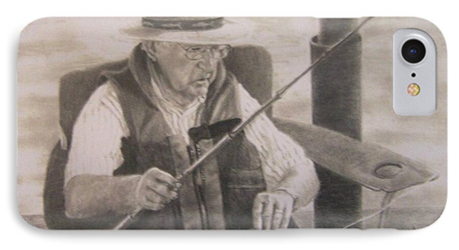 Portrait Of A Man Fishing iPhone 8 Case featuring the drawing The Expert by Mary Lynne Powers