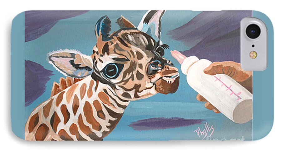 Tiny Giraffe iPhone 8 Case featuring the painting Tiny Baby Giraffe with Bottle by Phyllis Kaltenbach