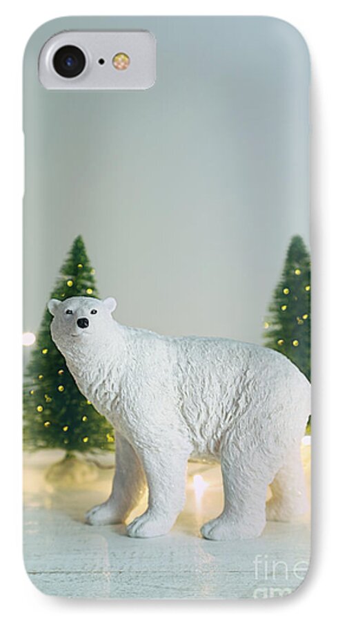Christmas iPhone 8 Case featuring the photograph Toy polar bear with little trees and lights by Sandra Cunningham