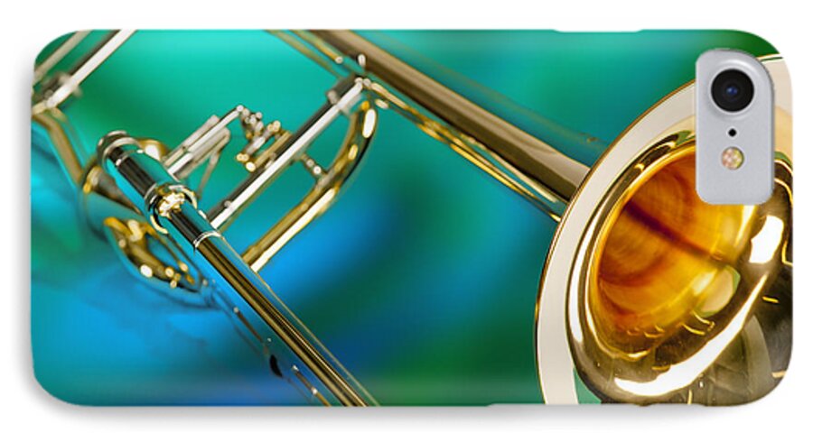 Trombone iPhone 8 Case featuring the photograph Trombone Against Green and Blue in Color 3204.02 by M K Miller