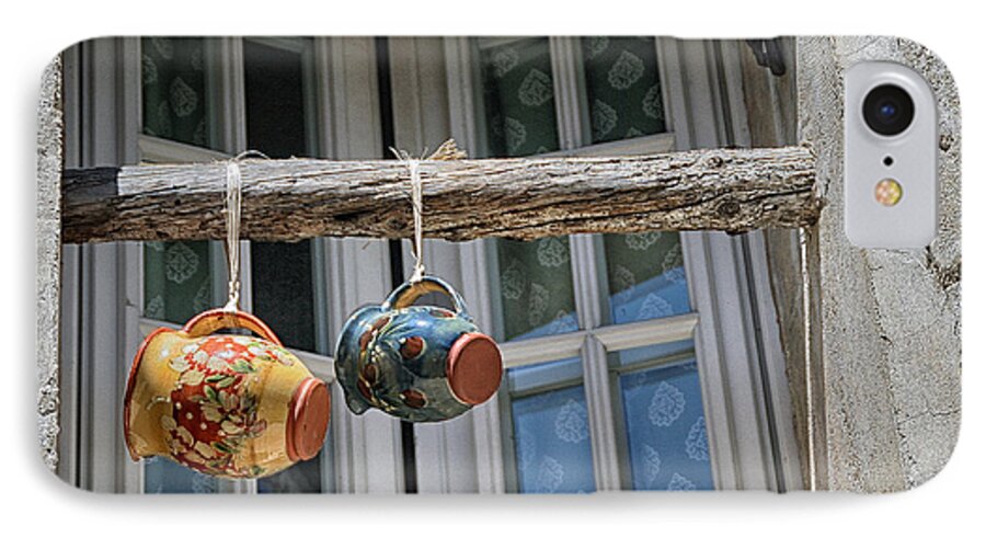 Shop Window iPhone 8 Case featuring the photograph Two Mugs in a Window by Sandra Anderson