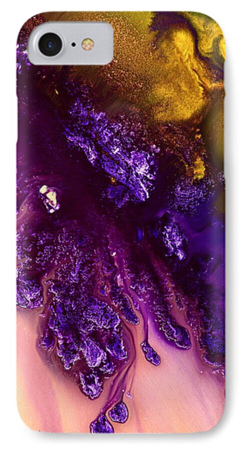 Gold Abstract iPhone 8 Case featuring the painting Vivid Abstract Art Purple Fugitive-Gold Tones Fluid Painting by KredArt by Serg Wiaderny