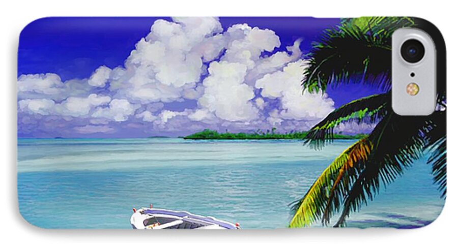 Tropical iPhone 8 Case featuring the painting White boat on a tropical island by David Van Hulst