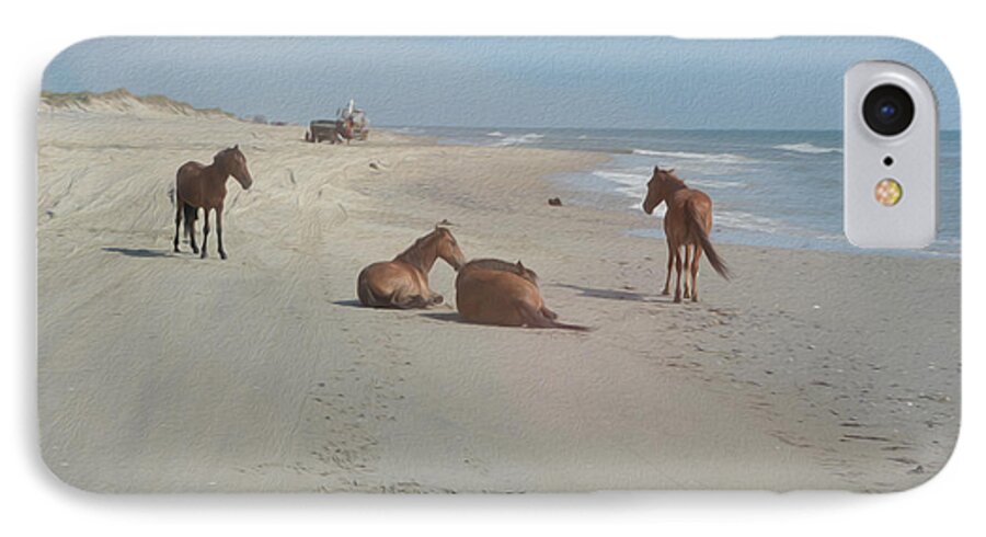 Wild Spanish Mustangs iPhone 8 Case featuring the photograph Wild Horses on the beach by Tracy Winter