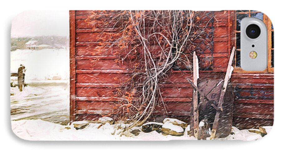 Barn iPhone 8 Case featuring the photograph Winter scene with barn and wheelbarrow/ Digital Painting by Sandra Cunningham