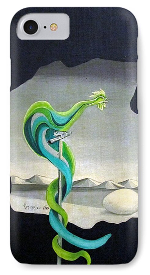 Green iPhone 8 Case featuring the painting Green Rooster Call 2 in surrealistic frame background blue tail feathers mountains landscape and egg by Rachel Hershkovitz