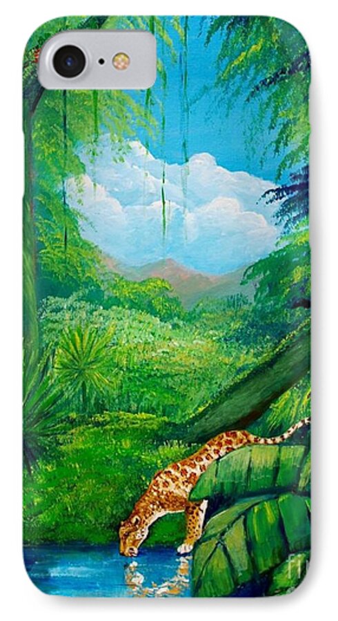 Rain Forest iPhone 8 Case featuring the painting Jaguar drinking water by Jean Pierre Bergoeing