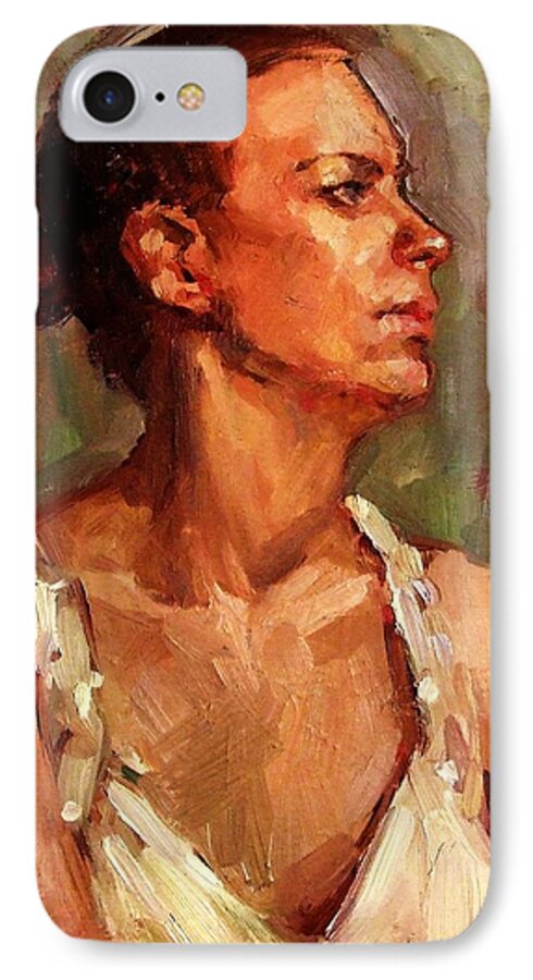Female Portrait iPhone 8 Case featuring the painting Portrait of a Stern and Distanced Hardworking Woman in Light Summer Dress with Deep Shadows Dramatic by M Zimmerman MendyZ