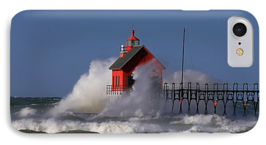 Lighthouse iPhone 8 Case featuring the photograph Waves Over the Grand Haven Outer Light by Richard Gregurich