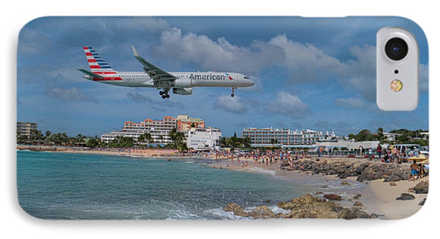 American Airlines iPhone 8 Case featuring the photograph American Airlines landing at St. Maarten airport by David Gleeson