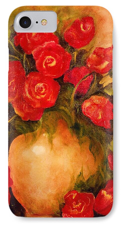 Red Roses In Vase iPhone 8 Case featuring the painting Antique Red Roses by Jordana Sands