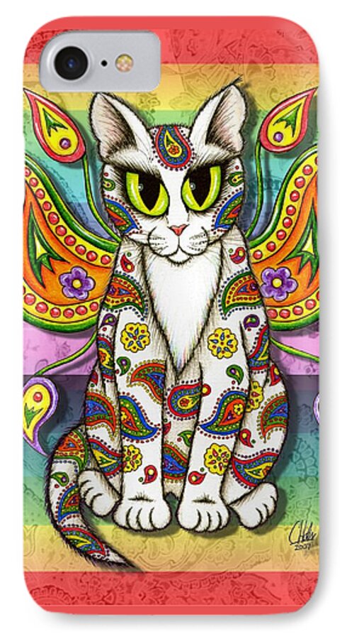 Rainbow Cat iPhone 8 Case featuring the mixed media Rainbow Paisley Fairy Cat by Carrie Hawks