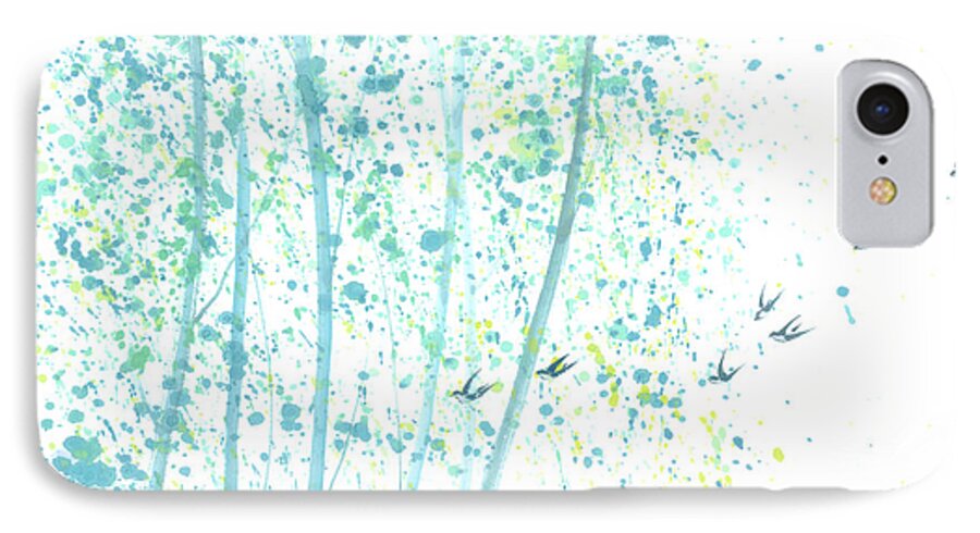 Birds Flying Through An Aspen Forest. This Is A Contemporary Chinese Ink And Color On Rice Paper Painting With Simple Zen Style Brush Strokes. iPhone 8 Case featuring the painting Aspen Forest by Mui-Joo Wee