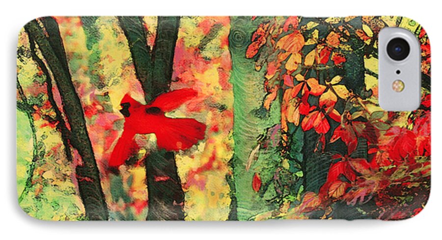 #autumn Art #cardinals #bird Art #cottage Decor #autumn Photography #trees #birds #autumn Wall Art #red Decor iPhone 8 Case featuring the digital art Autumn flight by Gina Signore