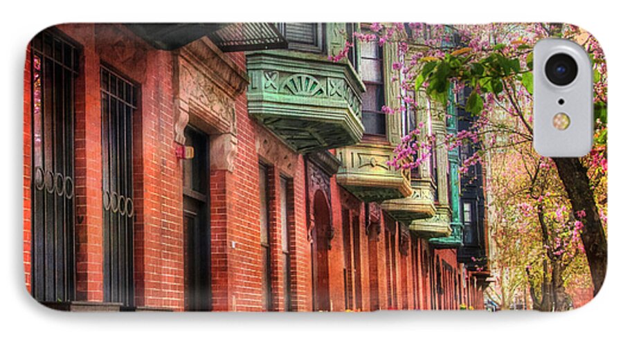 Boston iPhone 8 Case featuring the photograph Bay Village Brownstones and Cherry Blossoms - Boston by Joann Vitali