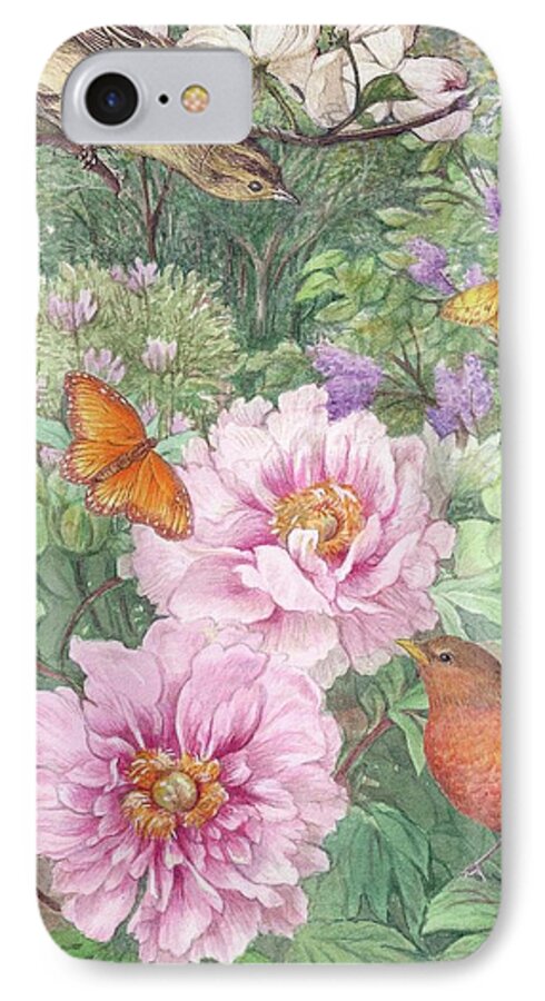 Illustrated Peony iPhone 8 Case featuring the painting Birds Peony Garden Illustration by Judith Cheng