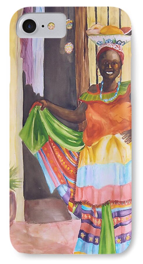 Dressed In Her Traditional Costume This Fruit Seller Is Very Colorful. Columbia iPhone 8 Case featuring the painting Cartegena Woman by Charme Curtin