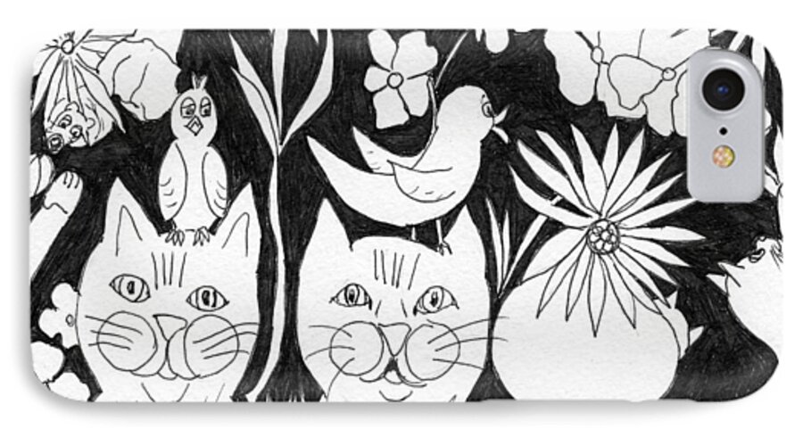 Cats iPhone 8 Case featuring the drawing Cats in the Garden by Lou Belcher