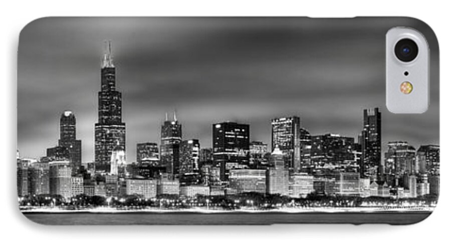 Chicago Skyline iPhone 8 Case featuring the photograph Chicago Skyline at NIGHT black and white by Jon Holiday